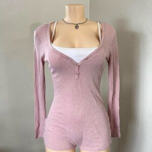 Forever 21 Pink Ribbed Long Sleeve Romper